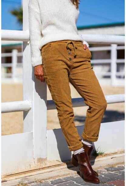 İtalyan Camel Cepli Düğmeli Kadife Lastikli Ve Bağlamalı Bel Pantolon 100 35