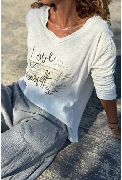 İtalyan Ekru V Yaka Yumuşak Dokulu Varak Baskılı Pamuklu Bluz 70 50