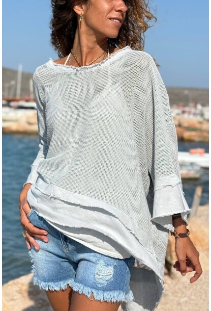 İtalyan Gri Kayık Yaka 3/4 Kol Astarlı Pis Dikişli File Salaş Dokuma Bluz 65 75