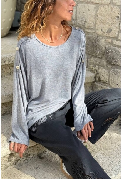 İtalyan Gri Kayık Yaka Yumuşak Dokulu Omzu Düğmeli Yün Karışımlı Salaş Kazak 70 60