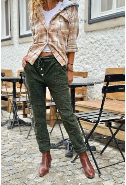 İtalyan Haki Cepli Düğmeli Kadife Lastikli Ve Bağlamalı Bel Pantolon 100 35
