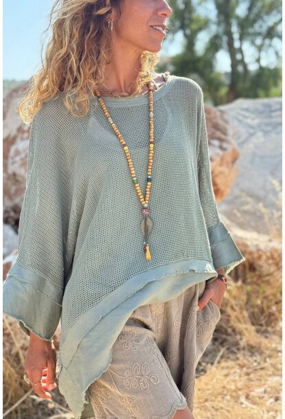 İtalyan Haki Kayık Yaka 3/4 Kol Astarlı Pis Dikişli File Salaş Dokuma Bluz 65 75