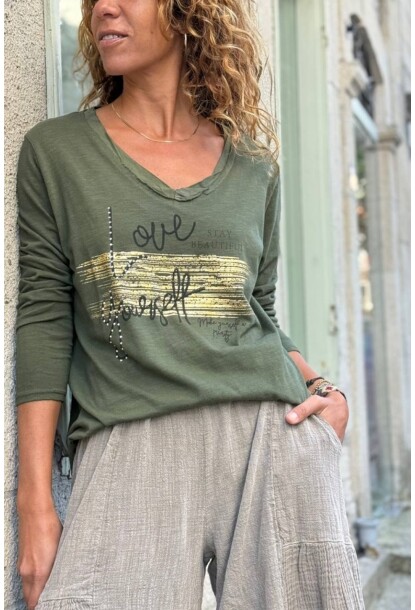 İtalyan Haki V Yaka Yumuşak Dokulu Varak Baskılı Pamuklu Bluz 70 50