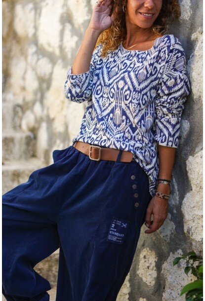 İtalyan Lacivert-Beyaz Kayık Yaka Etnik Desen Yumuşak Dokulu Salaş Bluz 60 50