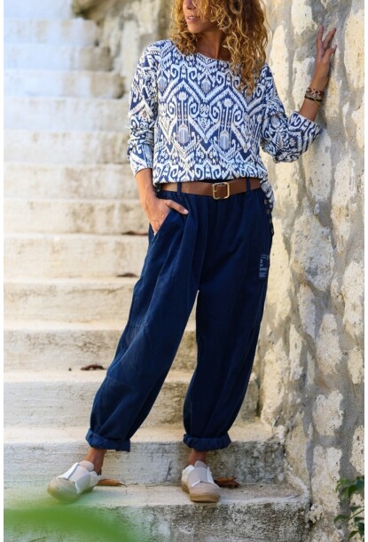 İtalyan Lacivert Cepli Yumuşak Dokulu Kemerli Kadife Lastikli Bel Salaş Pantolon 100 35