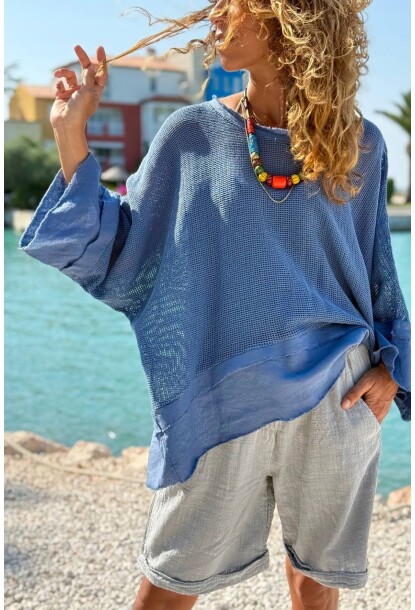 İtalyan Lacivert Kayık Yaka 3/4 Kol Astarlı Pis Dikişli File Salaş Dokuma Bluz 65 75