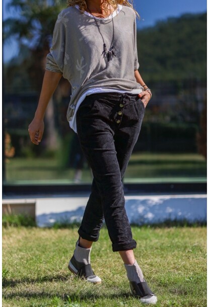 İtalyan Siyah Cepli Düğmeli Kadife Lastikli Ve Bağlamalı Bel Pantolon 100 35