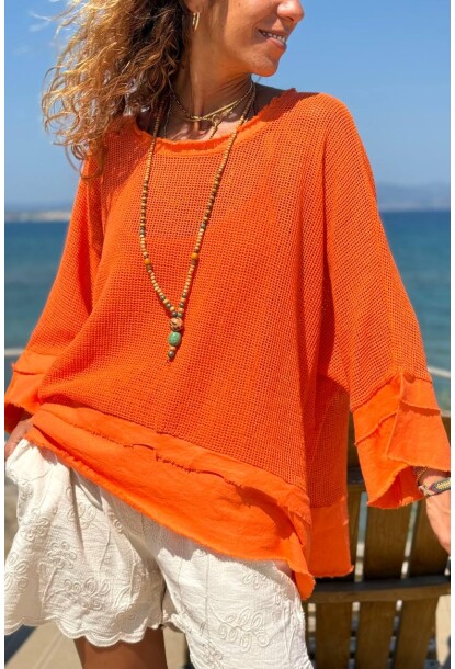İtalyan Turuncu Kayık Yaka 3/4 Kol Astarlı Pis Dikişli File Salaş Dokuma Bluz 65 75