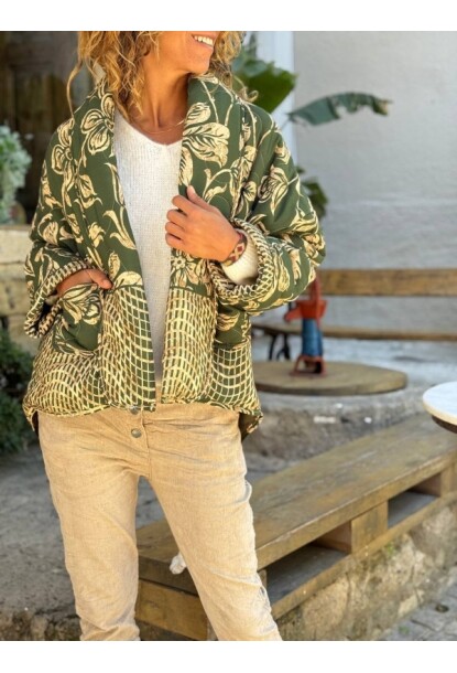 İtalyan Yeşil Etnik Desen Cepli Astarlı Şişme Ceket 60 55