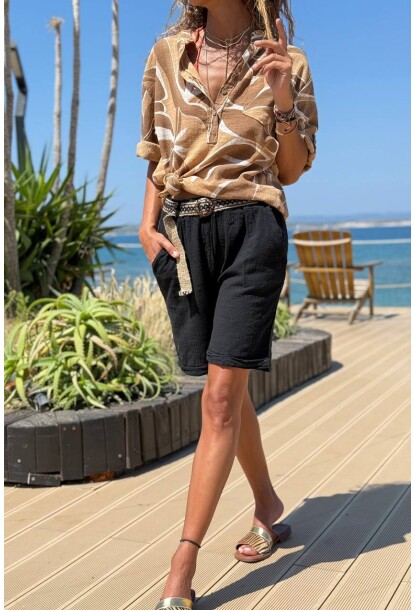 Siyah Cepli Yıkamalı Kemerli Duble Paça Pamuklu Salaş Dokuma Şort 30 45