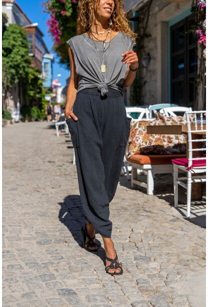 Siyah Yıkamalı Keten Cepli Beli Lastikli Şalvar Pantolon CCK58048ND