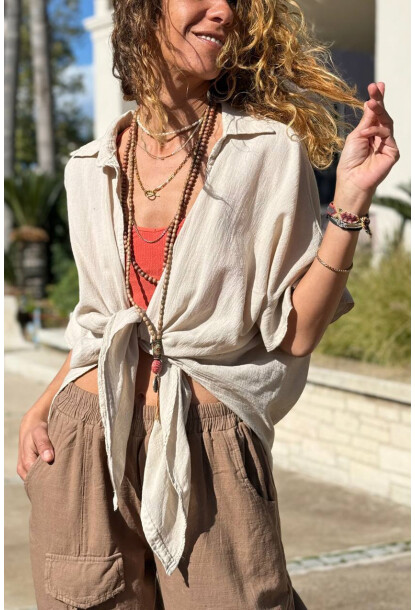 Bej Bağlamalı Pamuklu Arkası Uzun Crop Dokuma Bluz 70 45