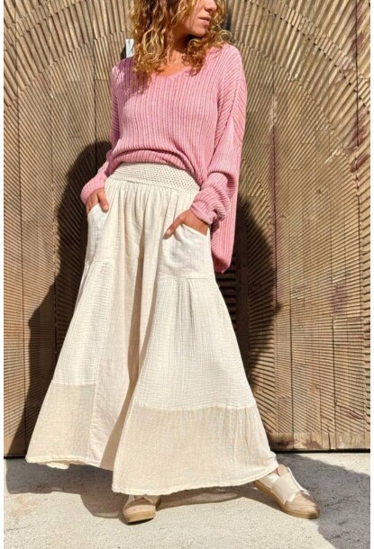 Bej Cepli Yıkamalı File Detaylı Geniş Paça Pamuk Salaş Pantolon 90 30