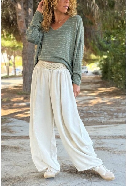 Bej Cepli Yıkamalı Yumuşak Dokulu Brode Lastikli Bel Bol Paça Pamuklu Salaş Pantolon 100 30