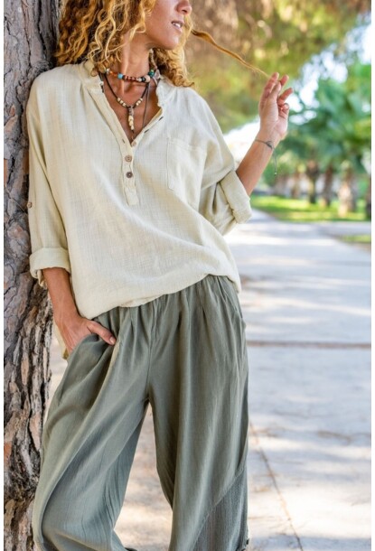 Bej Düğmeli Yaka Yıkamalı Yumuşak Dokulu Pamuk Salaş Bluz 75 55