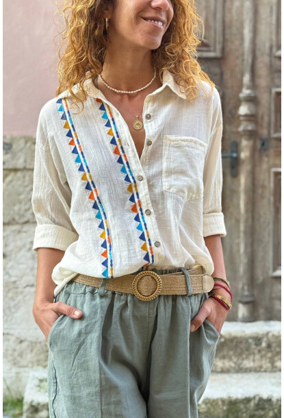 Bej Etnik Nakışlı Pamuklu Salaş Dokuma Gömlek 65 45