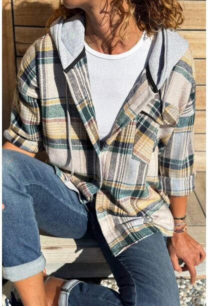 Bej Kapüşonlu Ekose Cepli Oduncu Kaşe Salaş Gömlek 60 50