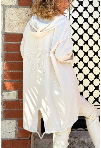 Bej Kapüşonlu Yıkamalı Etek Ucu Bağlamalı Yıldız Aplikeli Pamuk Salaş Ceket 90 65