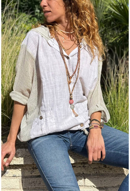 Bej Yıkamalı Keten Fileli Bağlamalı Kapüşonlu Bluz GK-RSD2021 68 85