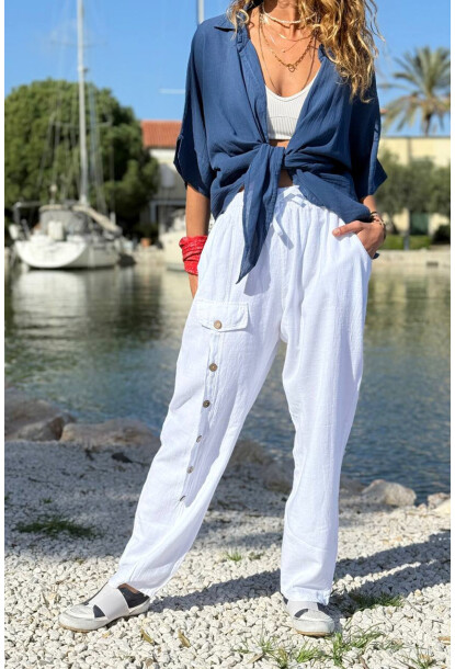 Beyaz Cepli Süs Düğmeli Bol Paça Pamuklu Salaş Dokuma Pantolon 95 35