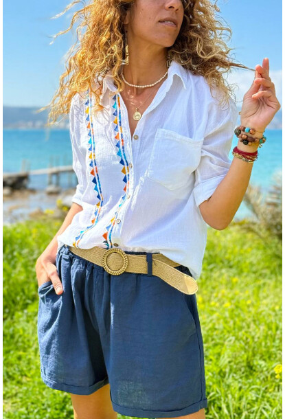 Beyaz Etnik Nakışlı Pamuklu Salaş Dokuma Gömlek 65 45