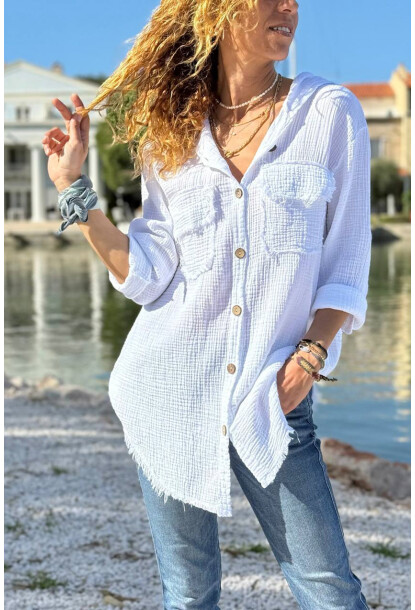 Beyaz Kapüşonlu Düğmeli Cepli Pis Dikişli Pamuklu Salaş Dokuma Gömlek 70 50