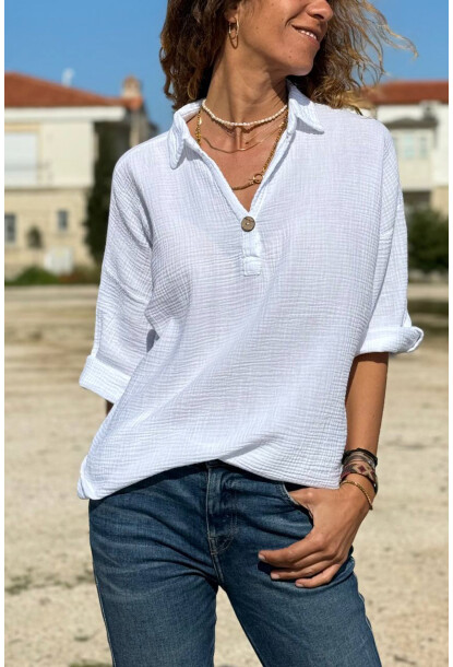 Beyaz Yarım Patlı Süs Düğmeli Pamuklu Salaş Dokuma Bluz 65 55