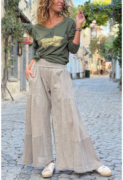 Bronz Rengi Cepli Yıkamalı File Detaylı Geniş Paça Pamuk Salaş Pantolon 90 30