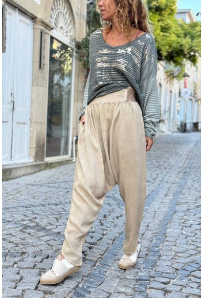 Bronz Rengi Cepli Yıkamalı Yumuşak Dokulu Brode Lastikli Bel Şalvar Pamuklu Salaş Pantolon 100 35