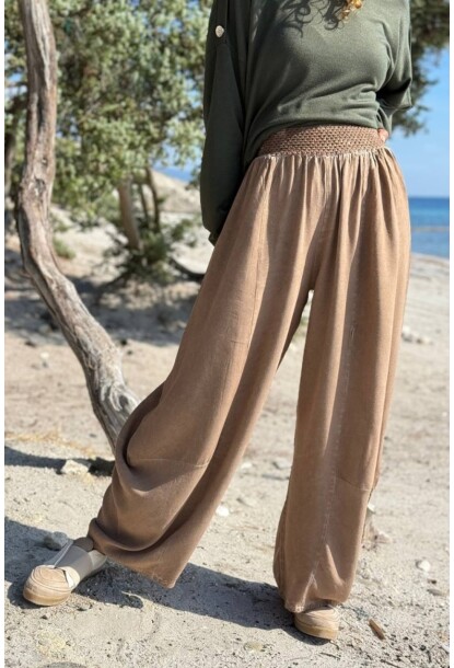 Bronz Rengi Cepli Yıkamalı Yumuşak Dokulu Brode Lastikli Bel Bol Paça Pamuklu Salaş Pantolon 100 30
