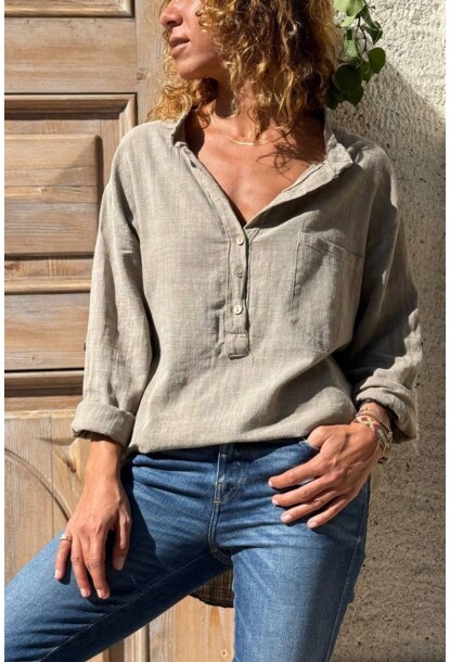 Bronz Rengi Düğmeli Yaka Yıkamalı Yumuşak Dokulu Pamuk Salaş Bluz 75 55