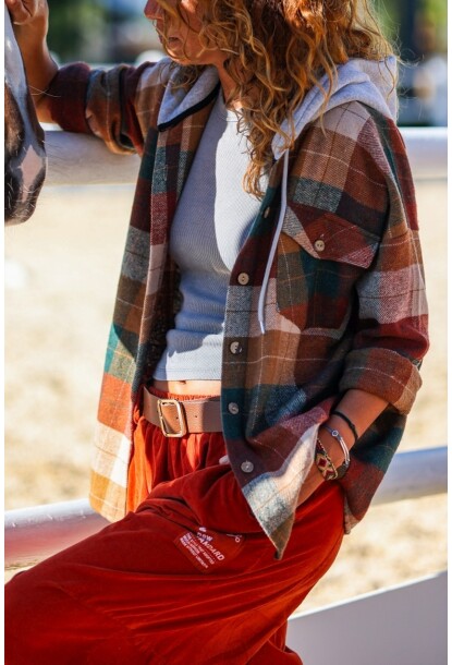 Bronz Rengi Kapüşonlu Ekose Cepli Oduncu Kaşe Salaş Gömlek 60 50