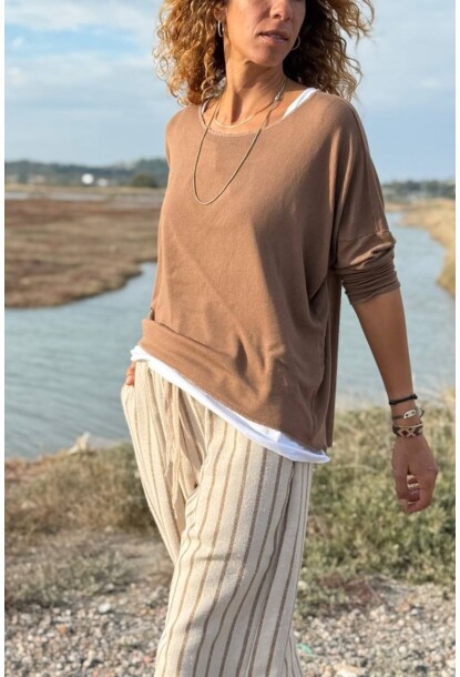 Bronz Rengi Kayık Yaka İkili Set Yumuşak Dokulu Pamuklu Salaş Dokuma Bluz 65 55