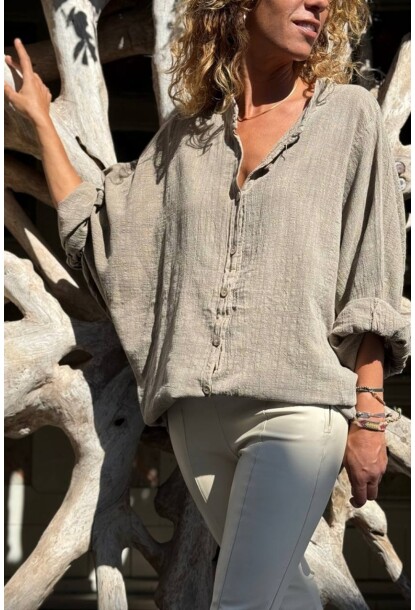 Bronz Rengi Yarasa Kol Yıkamalı Pamuklu Salaş Gömlek 75 60