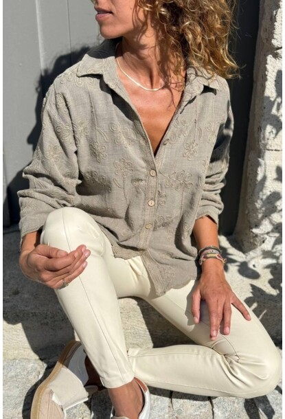 Bronz Rengi Yıkamalı Etek Ucu Şekilli Nakışlı Pamuklu Gömlek 60 50