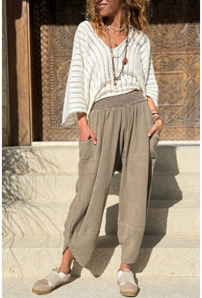 Bronz Yıkamalı Keten Cepli Beli Lastikli Şalvar Pantolon CCK58048ND