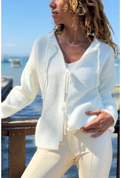 Ekru Bağlamalı Yıkamalı Yumuşak Dokulu Salaş Hırka 65 45