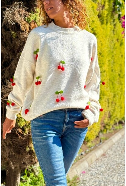 Ekru Bisiklet Yaka Yıkamalı Kiraz Detaylı Yumuşak Dokulu Salaş Kazak 60 55