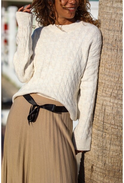 Ekru Bisiklet Yaka Yıkamalı Örgülü Yumuşak Dokulu Salaş Kazak 55 50