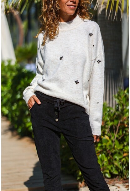 Ekru Bisiklet Yaka Yıkamalı Taş İşlemeli Yumuşak Dokulu Salaş Kazak 60 50