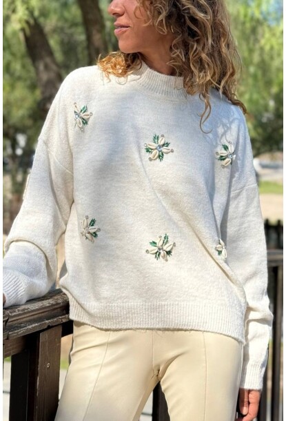 Ekru Bisiklet Yaka Yıkamalı Taş İşlemeli Yumuşak Dokulu Salaş Kazak 60 50