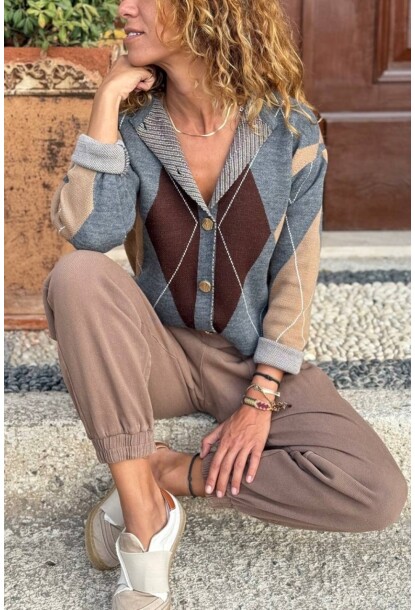 Gri Baklava Desen Düğmeli Yün Karışımlı Triko Hırka 55 45