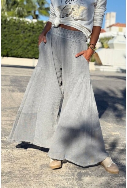 Gri Cepli Yıkamalı File Detaylı Geniş Paça Pamuk Salaş Pantolon 90 30