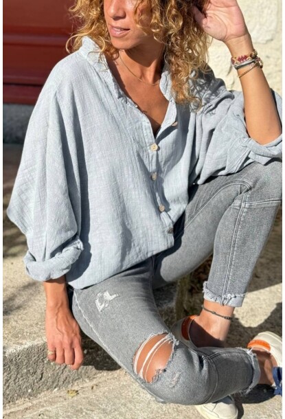 Gri Yarasa Kol Yıkamalı Pamuklu Salaş Gömlek 75 60