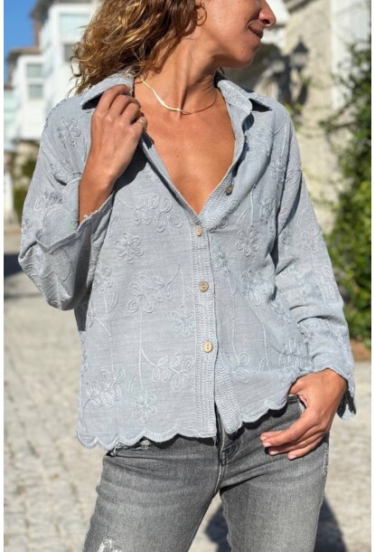 Gri Yıkamalı Etek Ucu Şekilli Nakışlı Pamuklu Gömlek 60 50