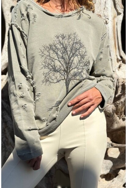 Haki Ağaç Baskılı Yıkamalı Eskitme Detaylı İşlemeli 2 İplik Şardonsuz Salaş Sweatshirt 70 55