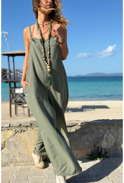 Haki Askılı Cepli Bol Paça Pamuklu Salaş Dokuma Tulum 135 50