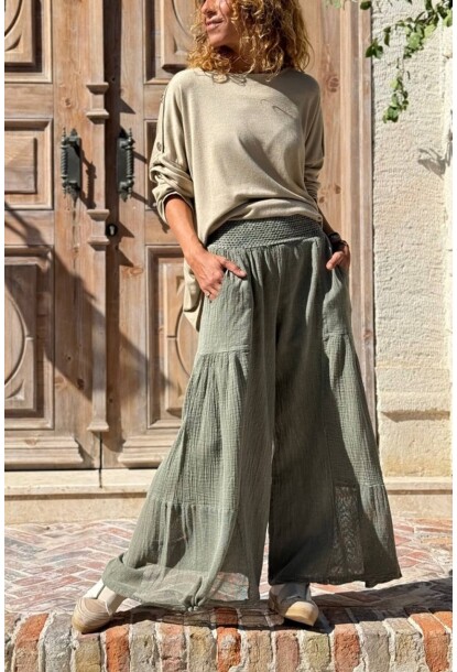 Haki Cepli Yıkamalı File Detaylı Geniş Paça Pamuk Salaş Pantolon 90 30