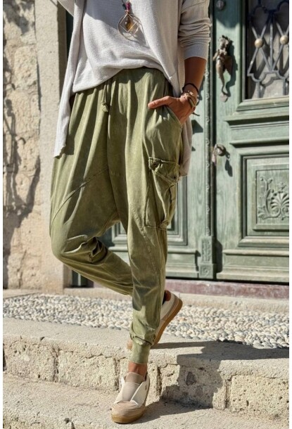 Haki Cepli Yıkamalı Lastikli Ve Bağlamalı Bel Şalvar Pamuk Pantolon 95 30