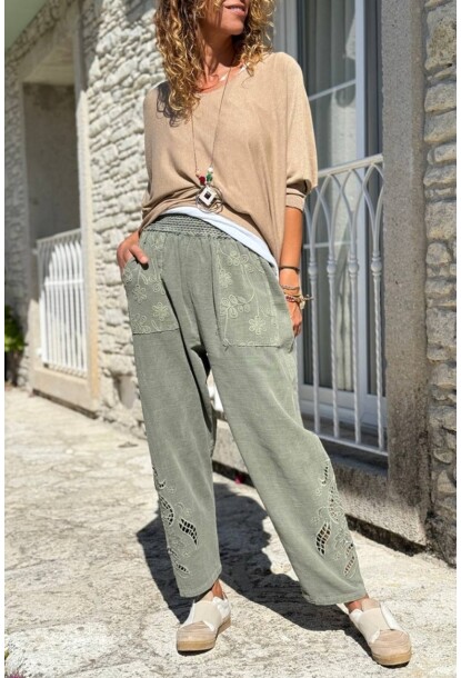 Haki Cepli Yıkamalı Nakışlı Lastikli Bel Pamuk Salaş Pantolon 100 30